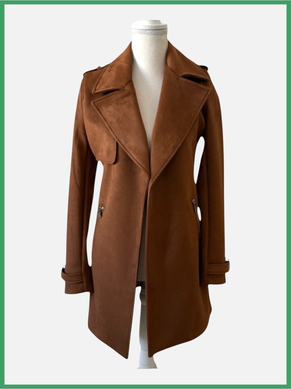 NWOT Magaschoni Faux Suede Open Front Trench Coat Moto Brown Jacket